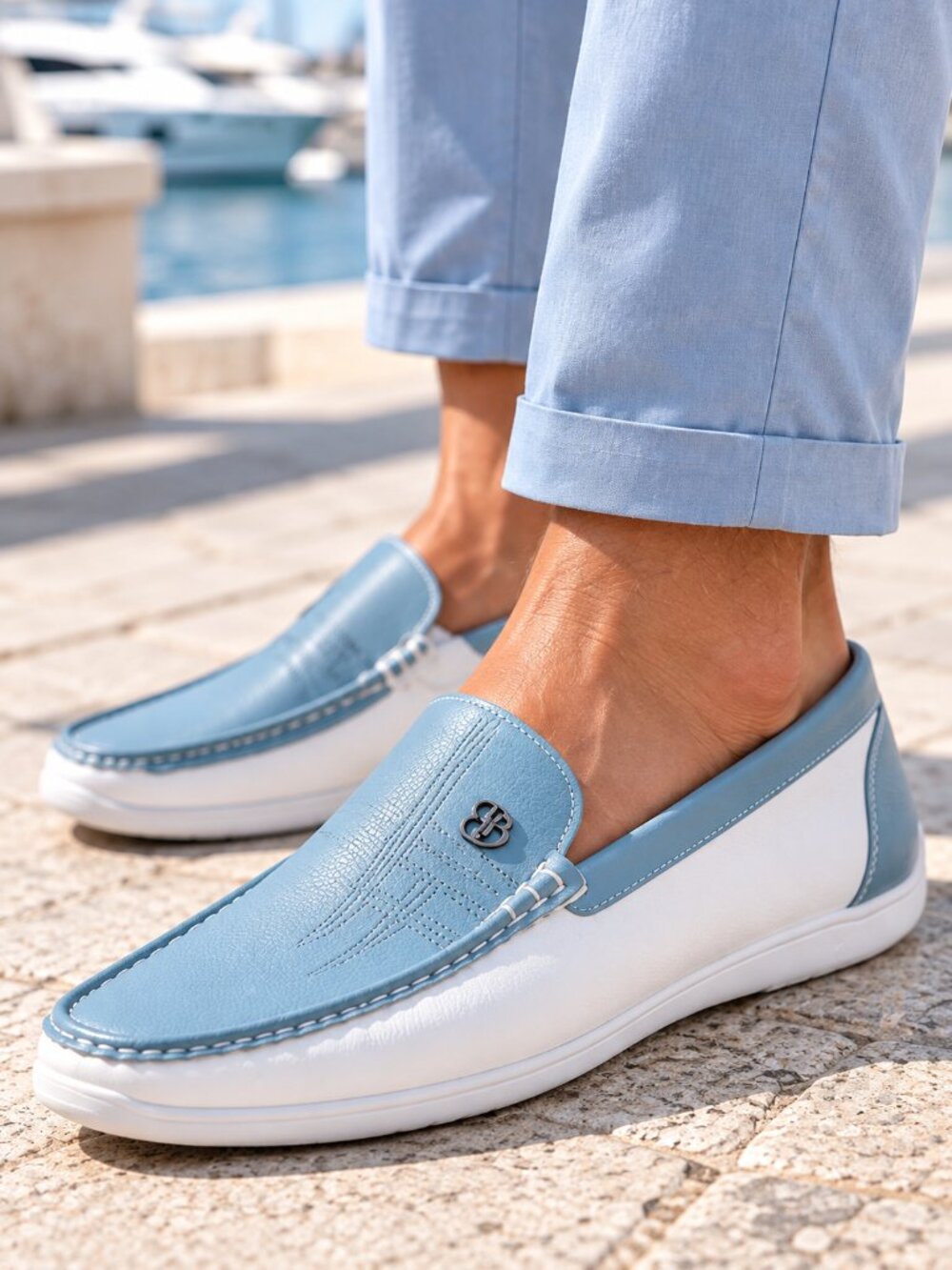 Huixiangdiepin Men’s Genuine Leather White & Light Blue Loafers Size 46